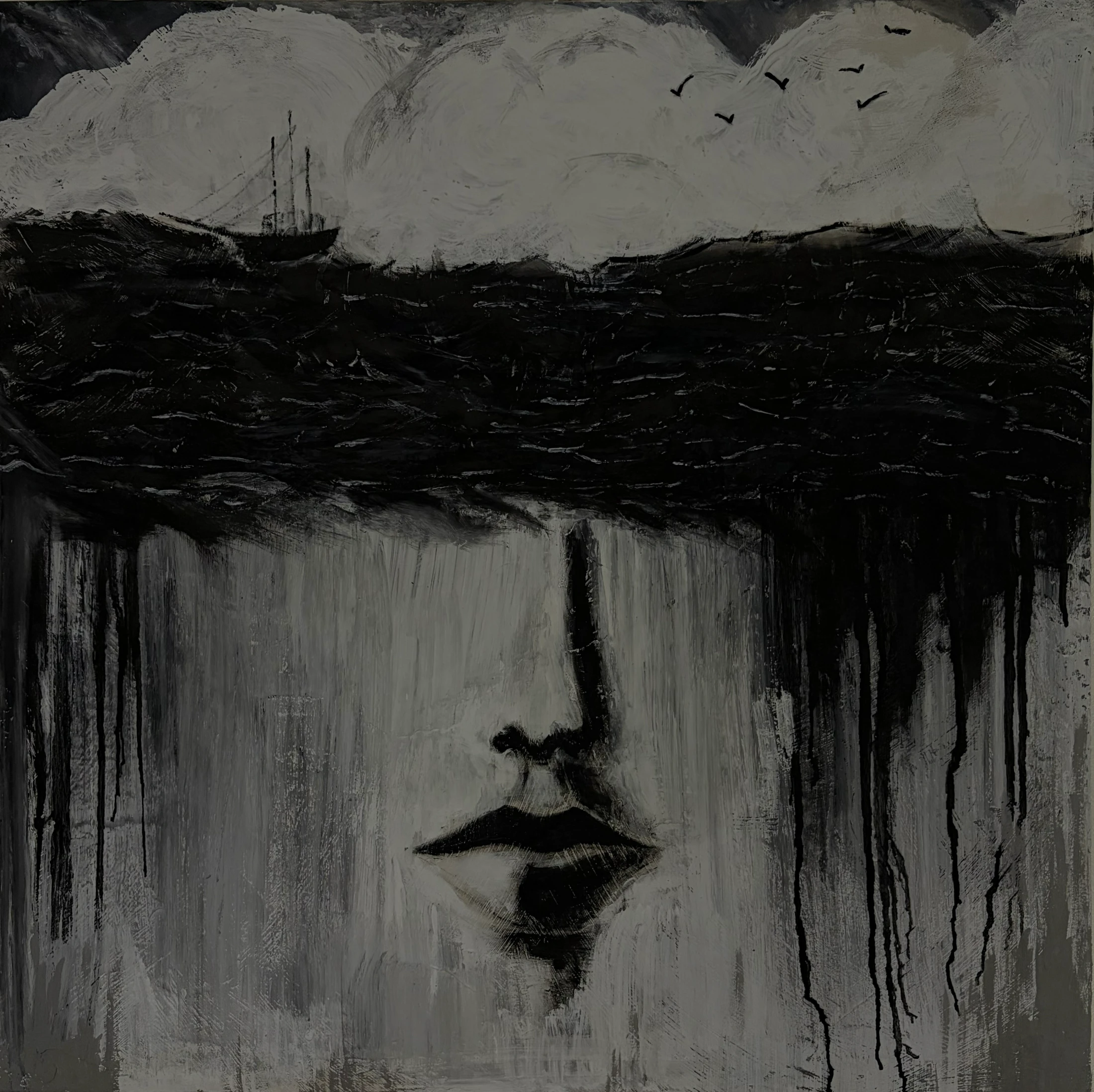 A monochrome face below a dark sea, with a ship and birds above.