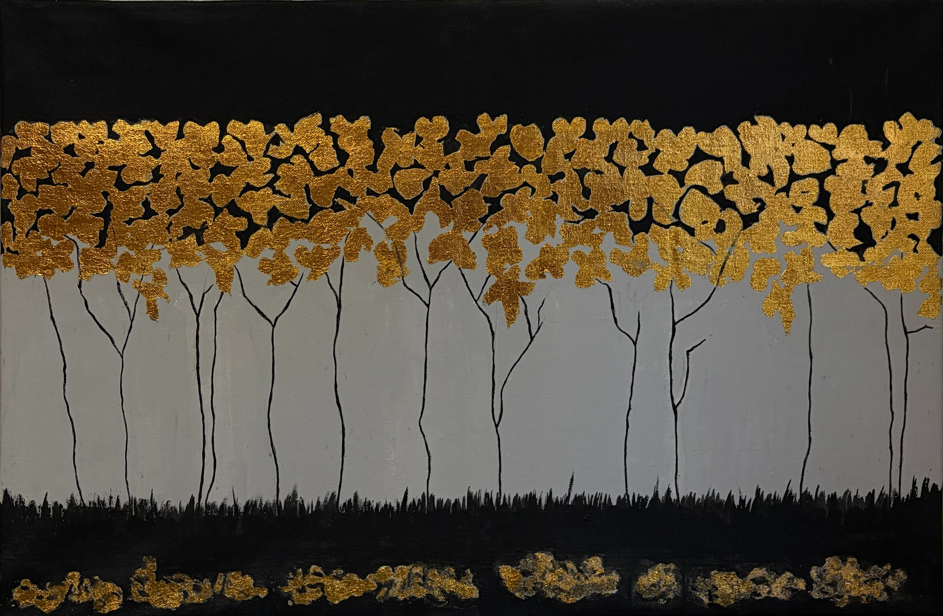 Slender dark tree trunks and gold leaves on a pale ground between dark bands.