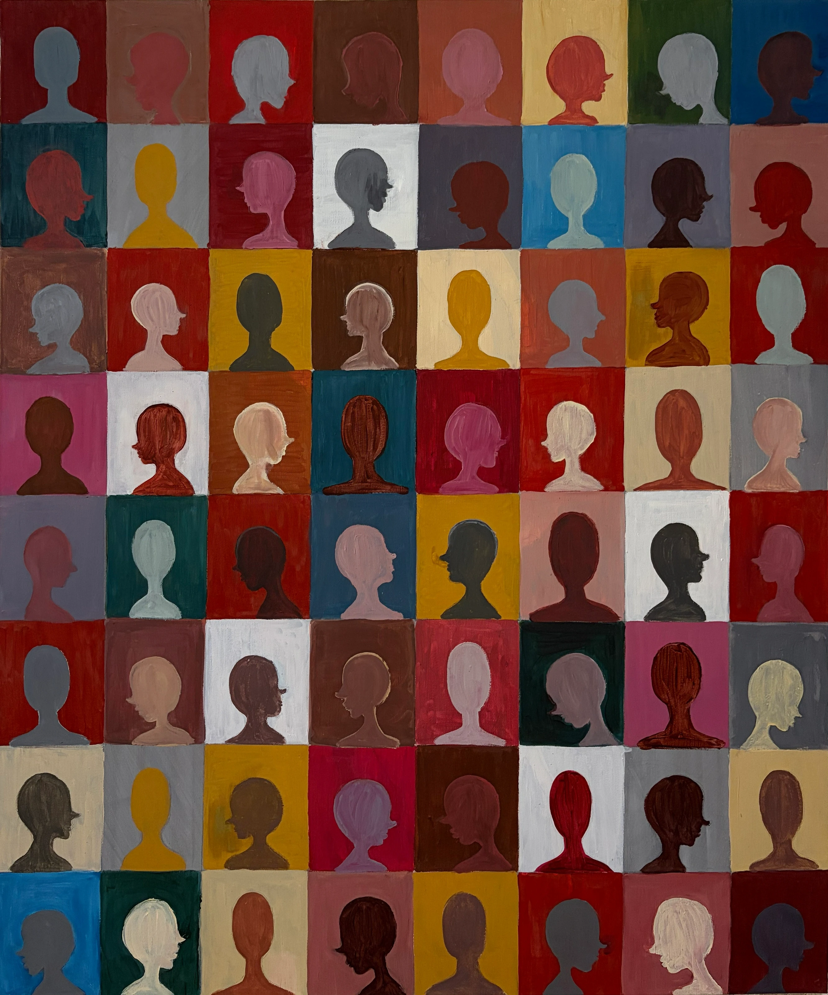 Rows of head profiles in a grid of red, blue, yellow, green and muted colours.
