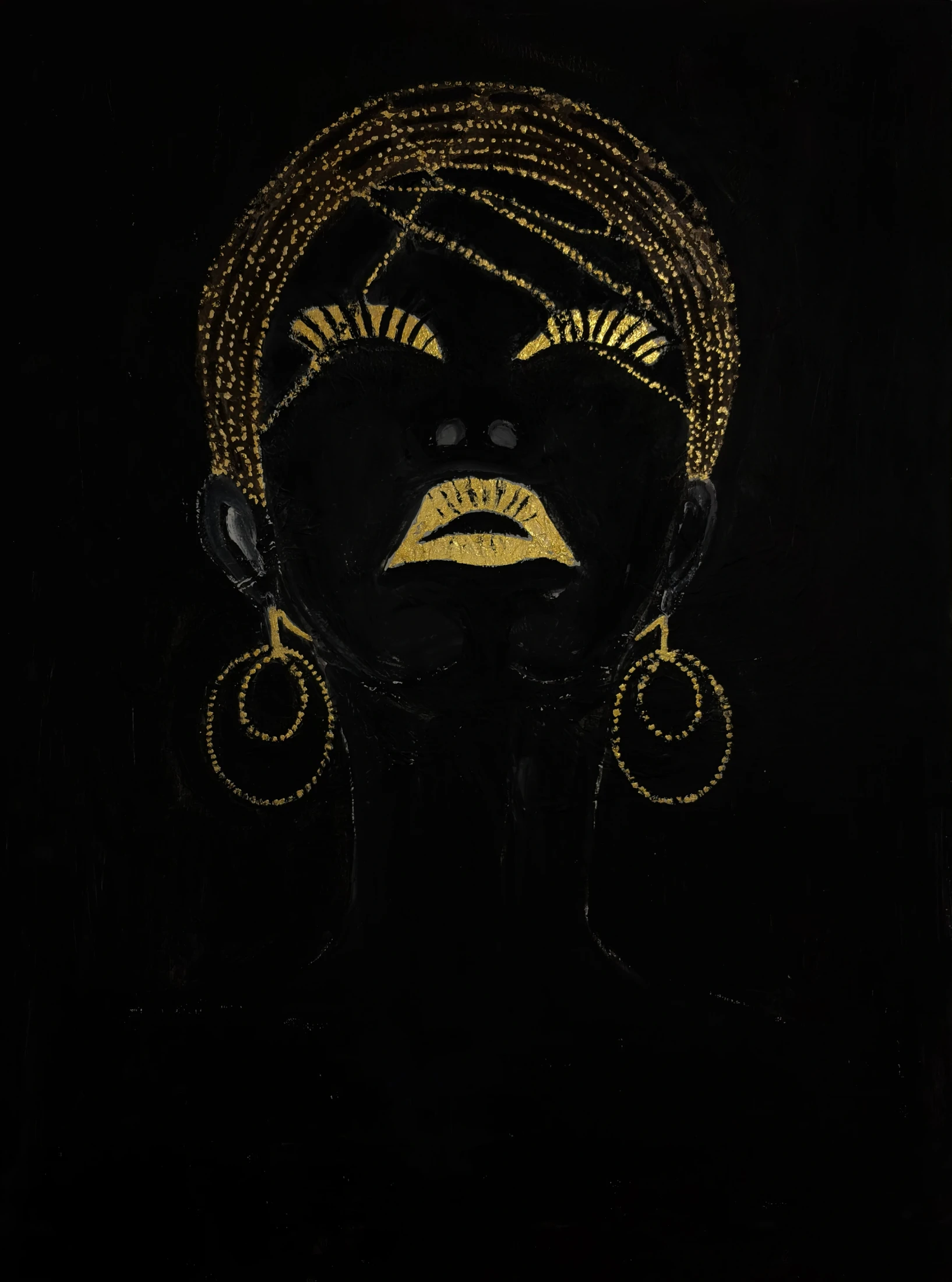 A dark face with gold details, a patterned headdress and round earrings on black.