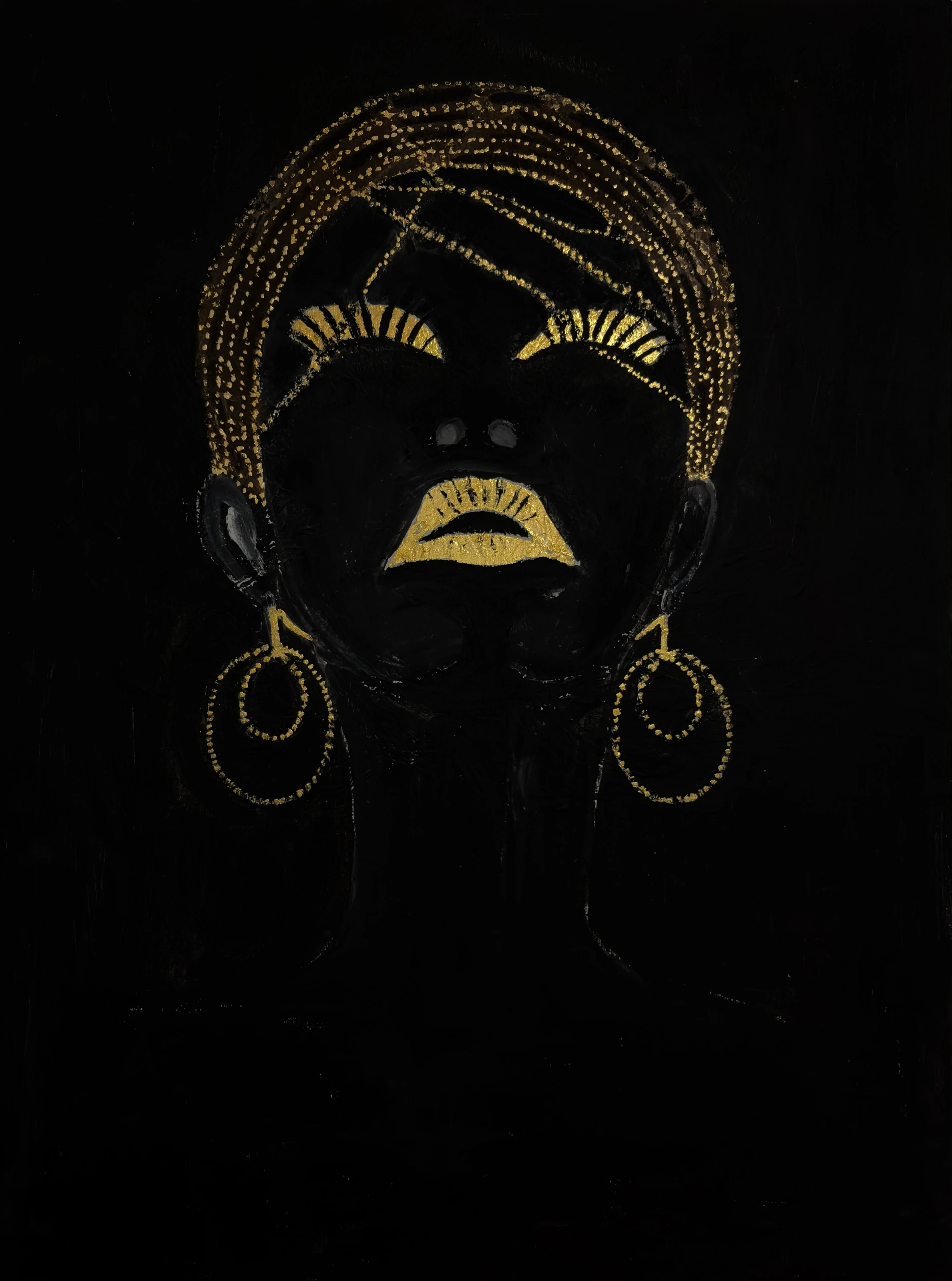 A dark face with gold details, a patterned headdress and round earrings on black.