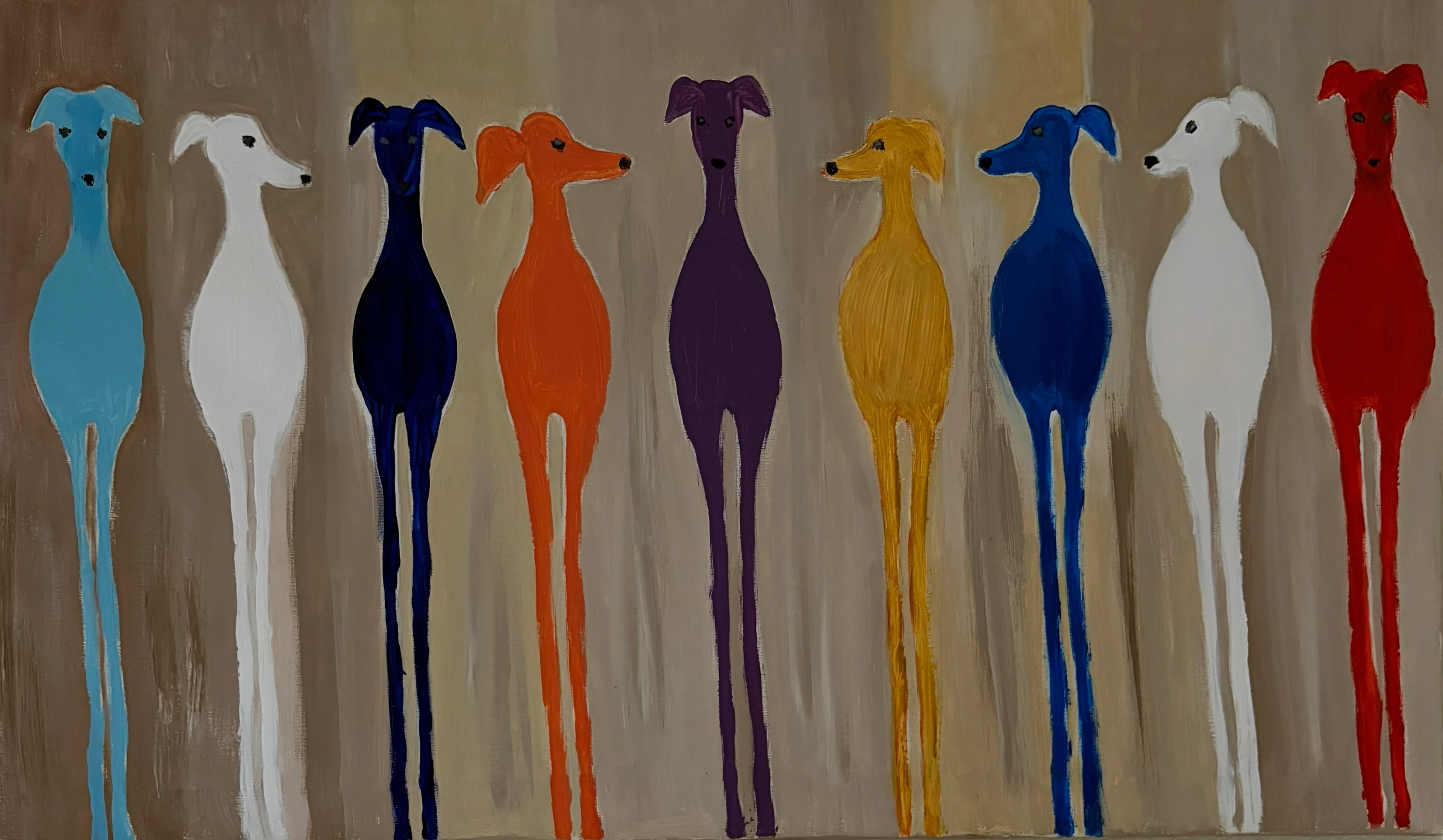 A row of long-legged dogs in blue, orange, purple, yellow, white and red on a pale ground.