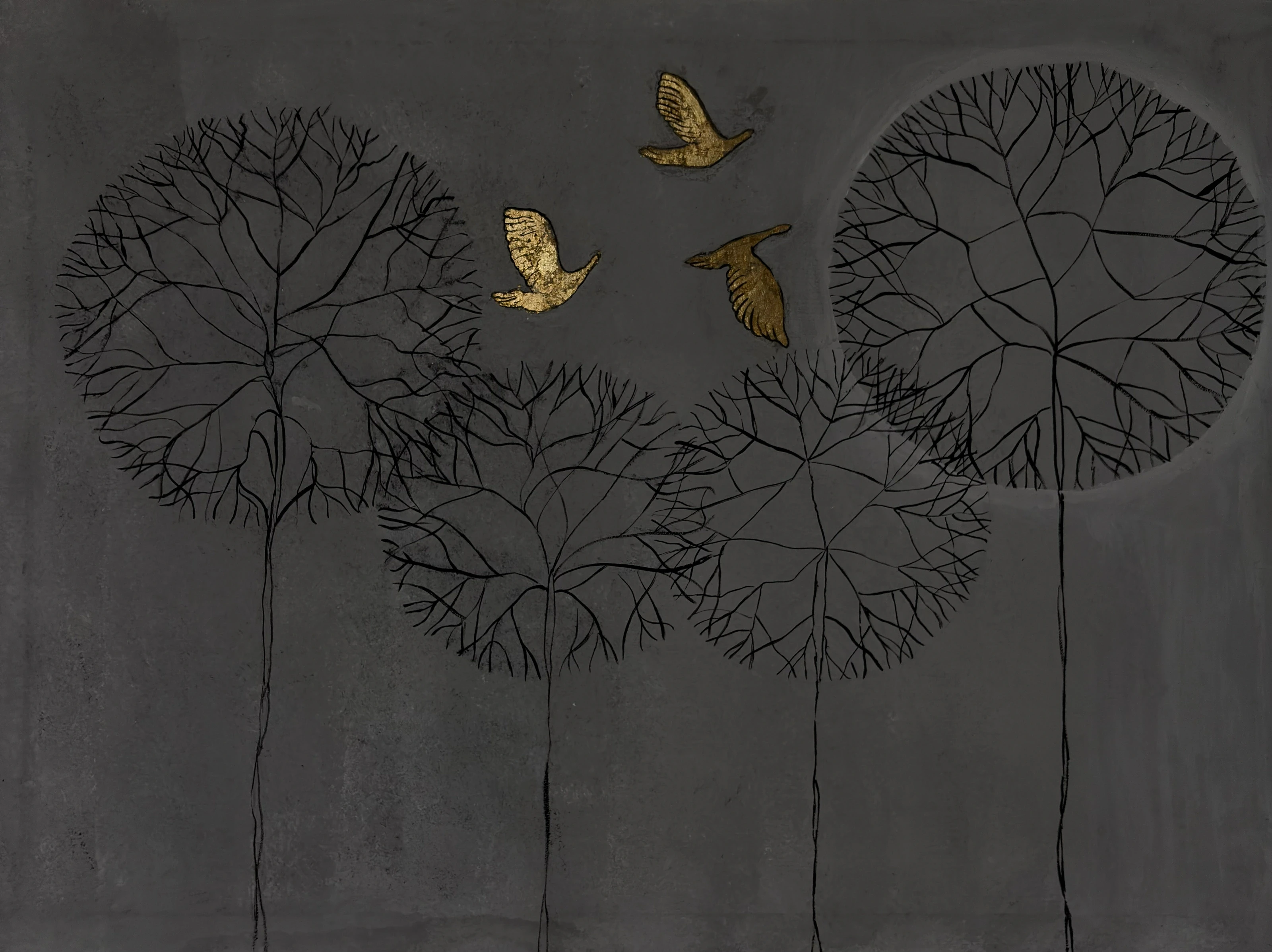 Three round tree crowns drawn in dark lines, with gold birds between them on grey.