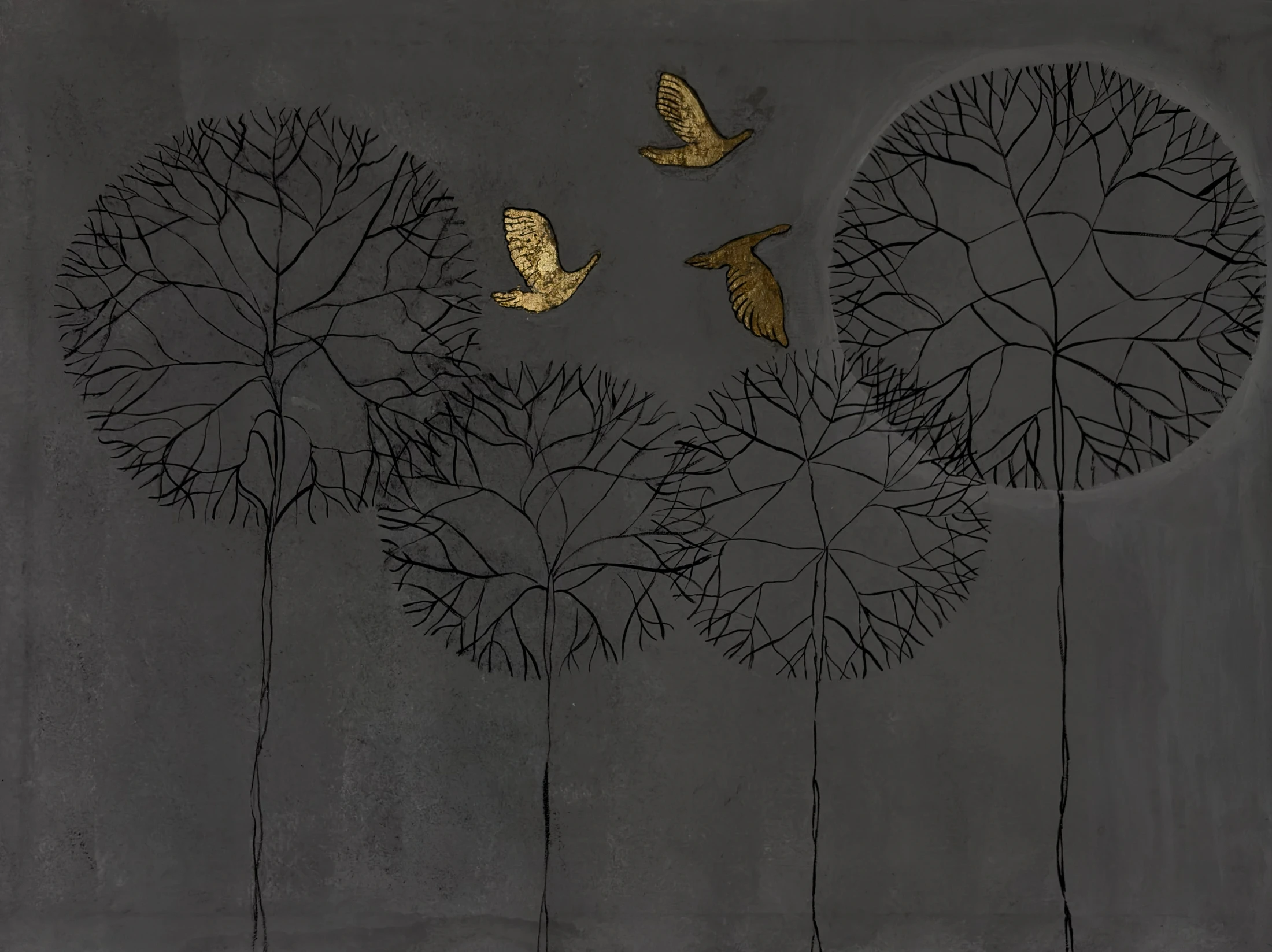 Three round tree crowns drawn in dark lines, with gold birds between them on grey.